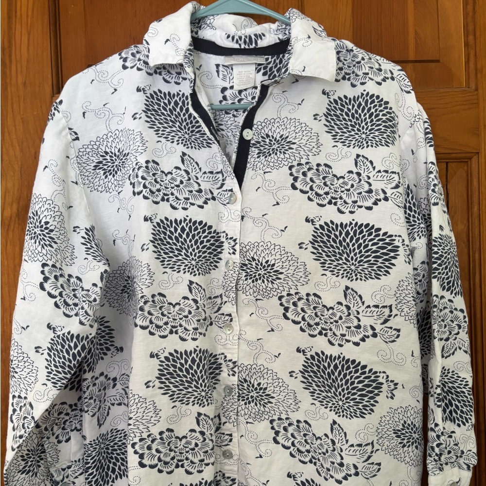 Soft Surroundings Navy & White Floral Linen Blouse – Size L
